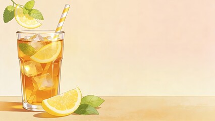 Fototapeta premium Refreshing Iced Tea Drink with Lemon Slices and Mint Leaves in a Tall Glass