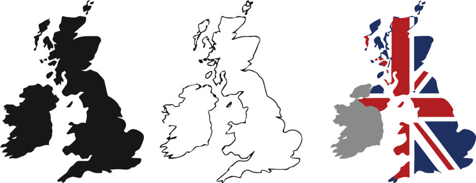 United Kingdom and Ireland maps in black outline and flag style