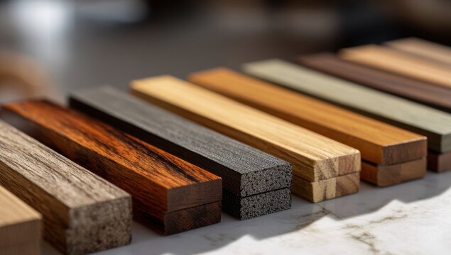 Collection of various wood samples arranged in a row.