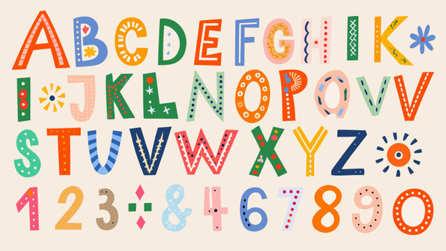 colorful alphabet and numbers set decorative hand drawn letters and numerals on a light background