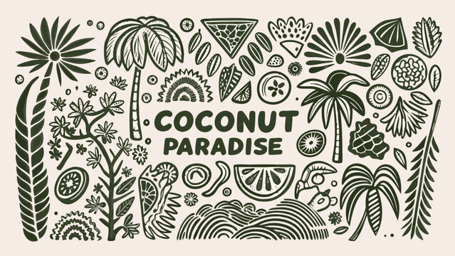 tropical botanical illustration with palm leaves coconuts and watermelon slices in a dense arrangement