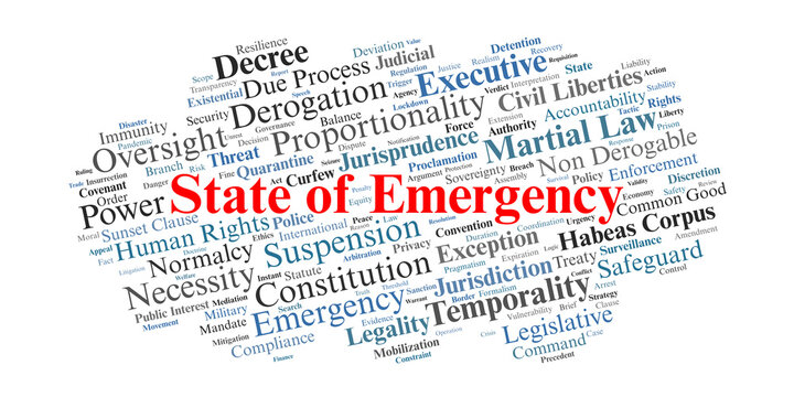 State of Emergency Word Cloud. A visual representation of legal concepts regarding the suspension of norms, executive authority, derogation of rights, and constitutional safeguards.