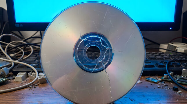 Broken CD on a cluttered desk with computer parts
