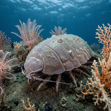 Stunning Underwater Photograph Of A Giant Isopod On The Ocean Floor Next To Corals