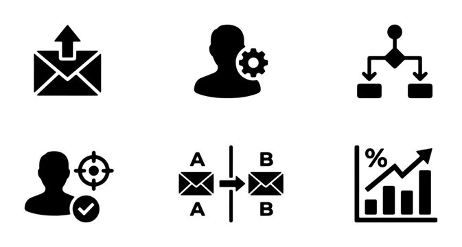 Business Process Icons Set: Email Marketing, User Management, Workflow, Targeting, A/B Testing, Analytics. Vector Graphics for Digital Strategy and Operations.
