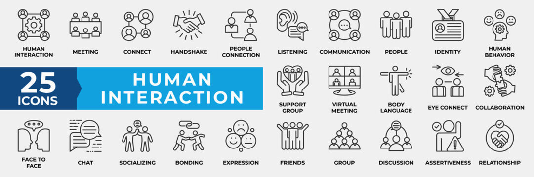 Human Interaction Icon Set. Containing meeting, connect, handshake, people connection, listening, communication, people, identity, group and more. Simple Line Vector Illustration.
