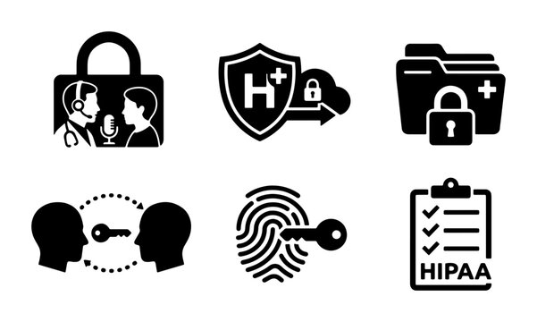 Healthcare Data Security Icons: HIPAA Compliance, Cloud Protection, Patient Privacy, Digital Lock, Biometric Access, Secure Communication