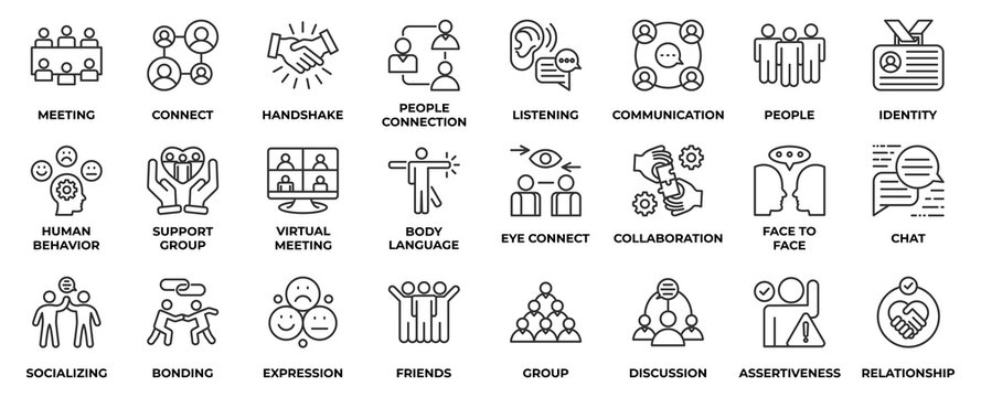 Human Interaction icon set collection in outline style, an icon pack contain relationship, collaboration, group, handshake, communication, meeting, face to face, chat, discussion. Vector Illustration.
