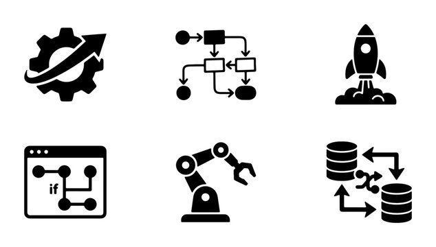 Technology Icons Set: Gear Growth, Flowchart, Rocket Launch, Code Interface, Robot Arm, Data Storage
