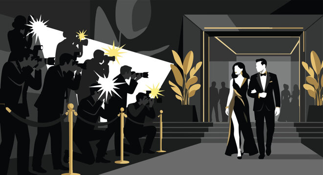Glamorous woman in black and gold evening gown walking past paparazzi at a luxury hotel entrance with bright camera flashes and elegant decor in flat vector style.