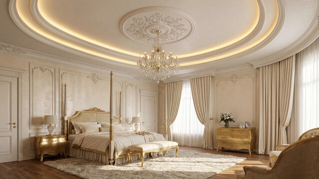 False ceiling with golden molding in a luxury white bedroom interior