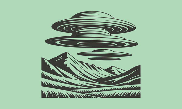 Uf os flying over mountain landscape with flying saucer, sci