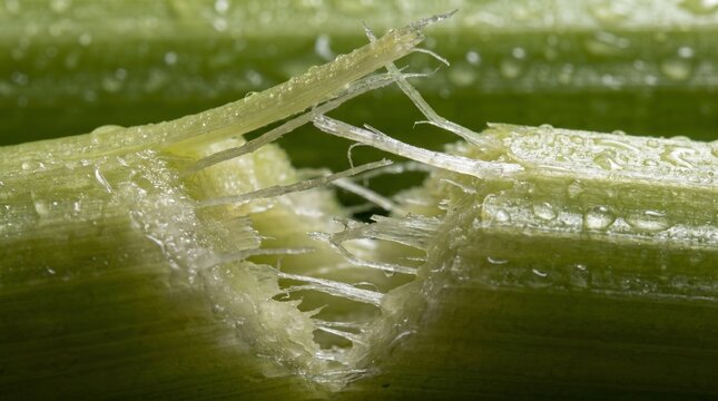 Macro photography of celery stalk fibers splitting apart, crunchy wet texture, photorealistic detail