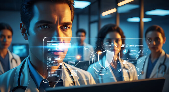 Team of doctors analyzing patient records on a futuristic digital interface with a shield icon representing HIPAA compliance and medical data privacy