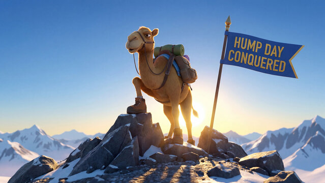 Happy hump day camel on mountain peak holding a conquered flag proudly