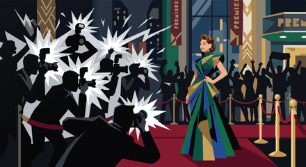 Obraz premium Elegant Female Celebrity in Green and Blue Designer Gown Posing on Red Carpet Event with Paparazzi Photographers and Camera Flashes, Glamorous Night Film Premiere or Award Ceremony Illustration.