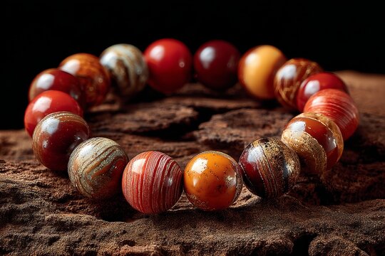 A bracelet made of round beads with red and yellow stripes and patterns, placed on a wooden surface. The beads have a natural stone look, possibly agate or jasper.