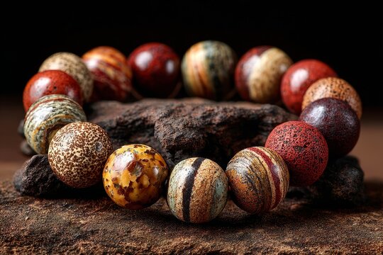 A bracelet made of round beads with red and yellow stripes and patterns, placed on a wooden surface. The beads have a natural stone look, possibly agate or jasper.