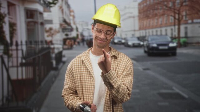 Man handyman wearing yellow hardhat points finger while holding a drill in front of a city street with parked cars and brick buildings visible; confidence skill.