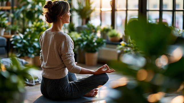adult woman seated cross-legged on a yoga mat in a bright room with back to camera, hands resting on knees in a meditation mudra, surrounded by multiple green potted plants that
