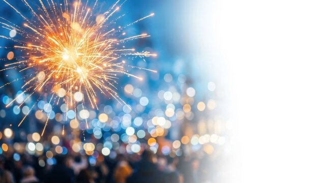 Vibrant fireworks exploding in the night sky with a blurred crowd celebrating in the background with colorful city lights