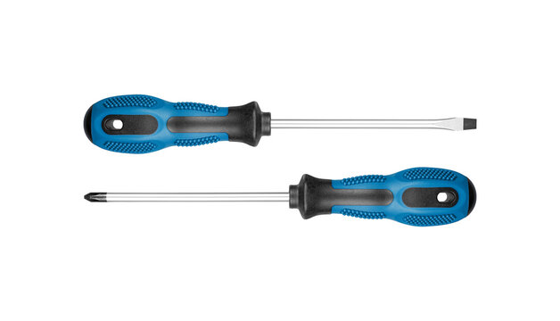 Set of Philips and flathead screwdrivers blue color on isolated white background close-up