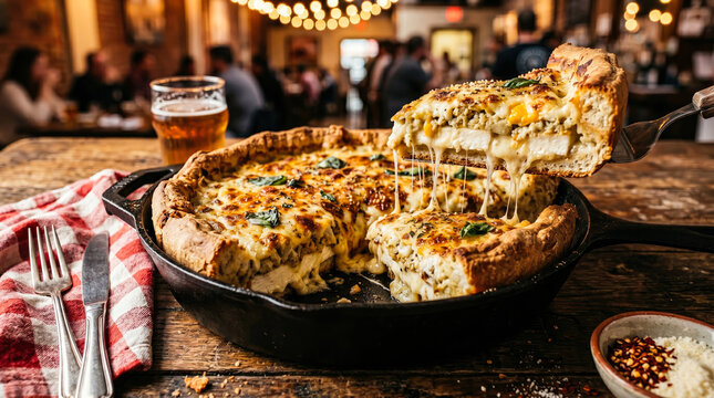 Cheesy deep-dish pizza being served from a cast iron skillet with a glass of beer.