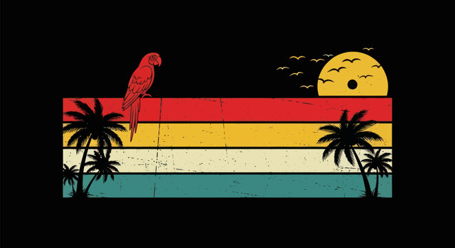 Retro sunset parrot and palm trees illustration