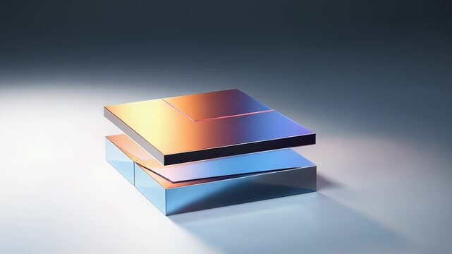Abstract metallic and glass rectangular prisms stacking, creating a futuristic geometric structure with holographic iridescent colors and a subtle shadow on a minimalist surface