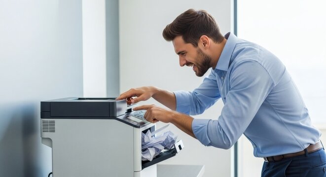 Man in blue shirt using office printer pulling paper tray out in modern workspace