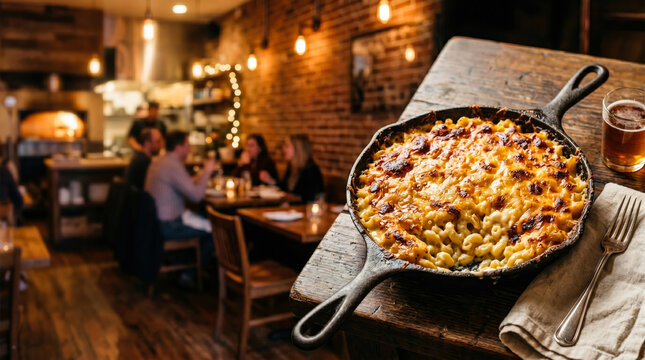 Hearty baked macaroni and cheese in a cast iron skillet, served in a rustic restaurant with a pizza oven and patrons dining.