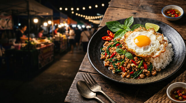Authentic Thai pad krapow moo with fried egg and fresh basil, served at a bustling night market.
