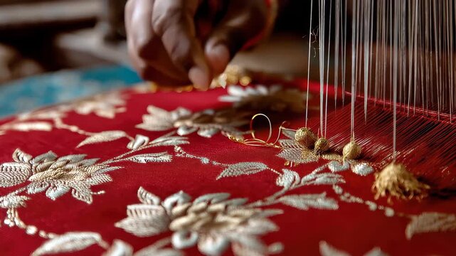Crafting detailed embroidery on red fabric while using a loom in a workshop setting during the daytime