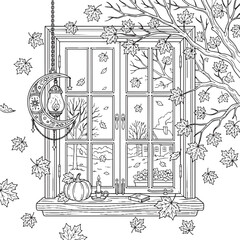 Fototapeta premium Autumn window view with falling leaves, vector illustration,Generative Ai