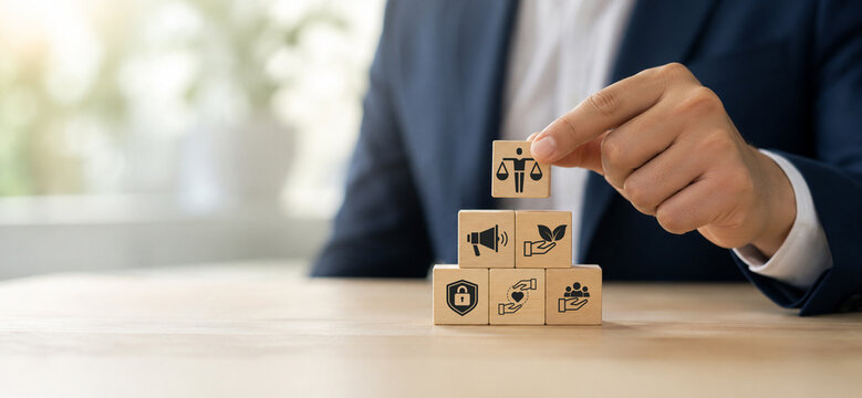 Marketing Ethics and Trust. Wooden blocks with icons of transparency communication, data protection, sustainability, eco-friendly, responsibity, ethics. Ethical marketing and organizational values.
