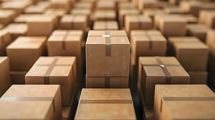 Fototapeta premium Professional stack of cardboard shipping boxes arranged symmetrically in large warehouse rows, abstract logistics pattern with tape-sealed parcels and depth.
