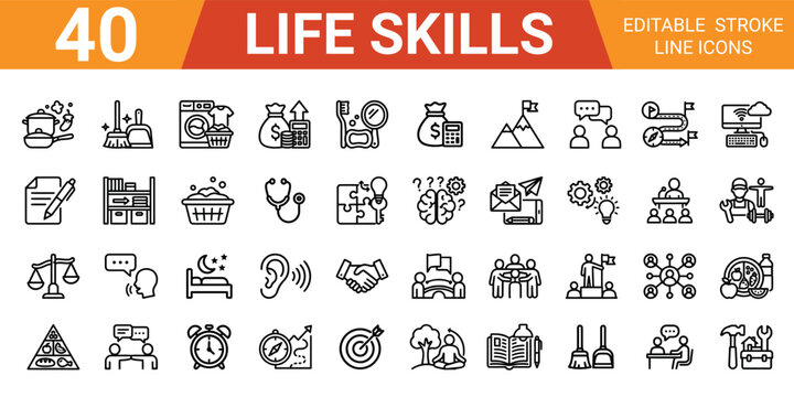 Set off 40 Outline icon related to life skills liner icon collection. Editable stroke. Vector illustration