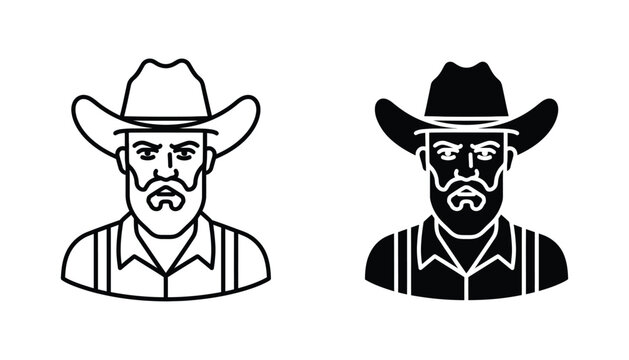 Cowboy with hat and beard portrait flat vector icon set for western theme design