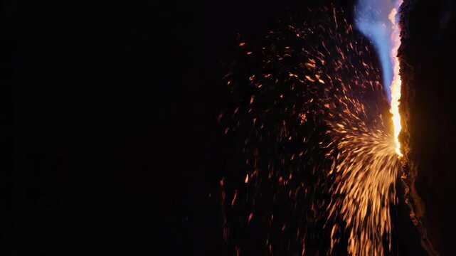 Industrial metal cutting sequence using plasma torch. Blue flame ignition to intense sparking on dark background. Welding fabrication process in manufacturing environment