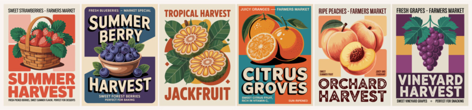 Vintage fruit harvest posters, rich in color and texture. Each design celebrates a different seasonal bounty. Ripe berries, juicy oranges, and plump grapes fill baskets and crates