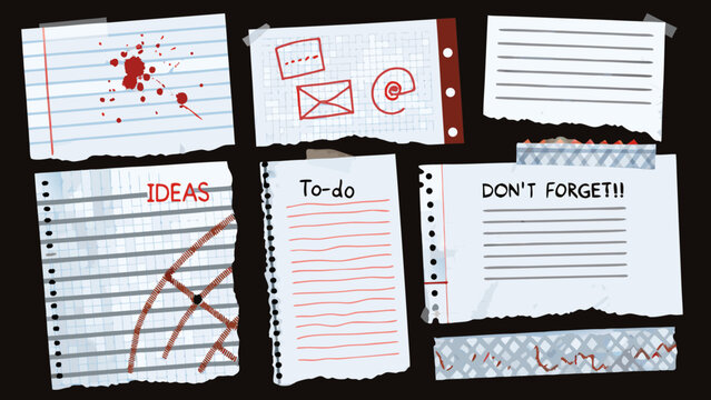 collection of torn handwritten note scraps with doodles and text on black background