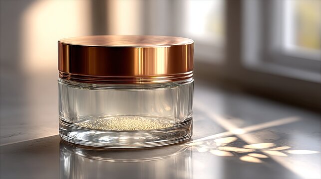 Luxury skincare cream jar with rose gold lid and glass body, bathed in warm natural sunlight, symbolizing elegance, anti-aging, and premium self-care routines.