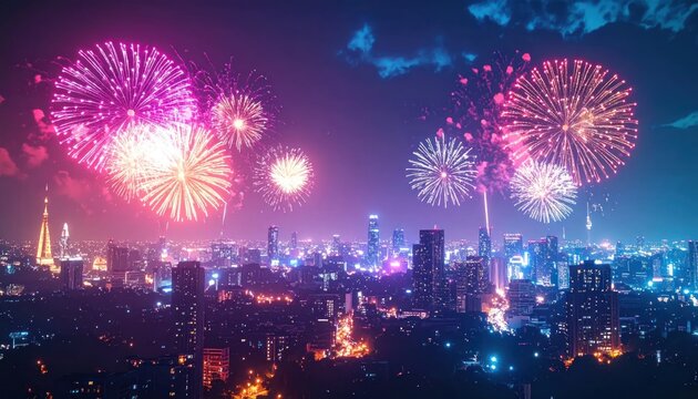 Vibrant Fireworks Display Illuminates City Skyline at Night.