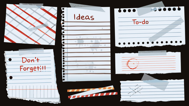collection of handwritten note scraps with doodles and text on black background
