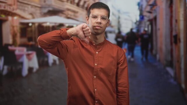 Man with glasses shows thumbs down at a cobblestone street cafe, wearing rust shirt and closed eyes; disapproval travel critique.