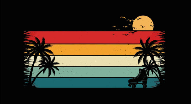 Retro sunset roller skate palms illustration