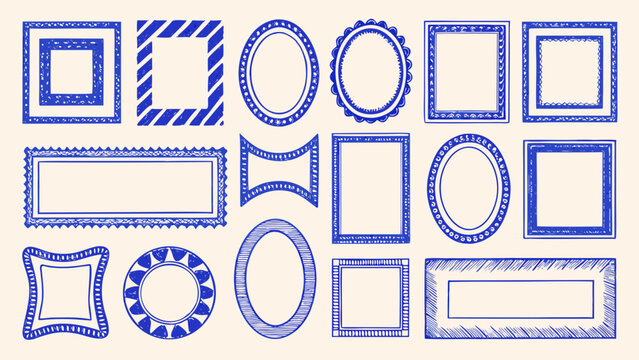 collection of hand drawn blue frames and borders decorative sketch style on beige background
