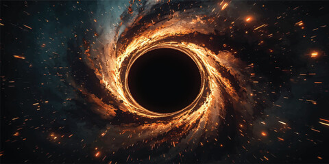 An abstract cosmic background of a glowing galaxy in deep space, featuring a bright nebula, dark planets, and a fiery ring resembling a solar eclipse © Midul
