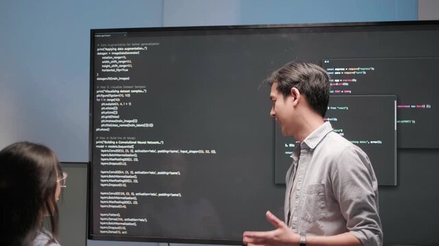 Programmer software developer project presentation meeting brainstorming discussion data analysis coding information technology, indoor office working concept