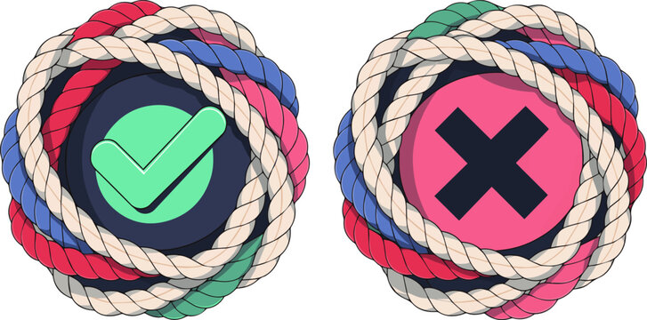 Isolated a Right and wrong, acceptance and rejection concept. Round icons buttons with a check mark and cross. 3d rendering vector art with white background..